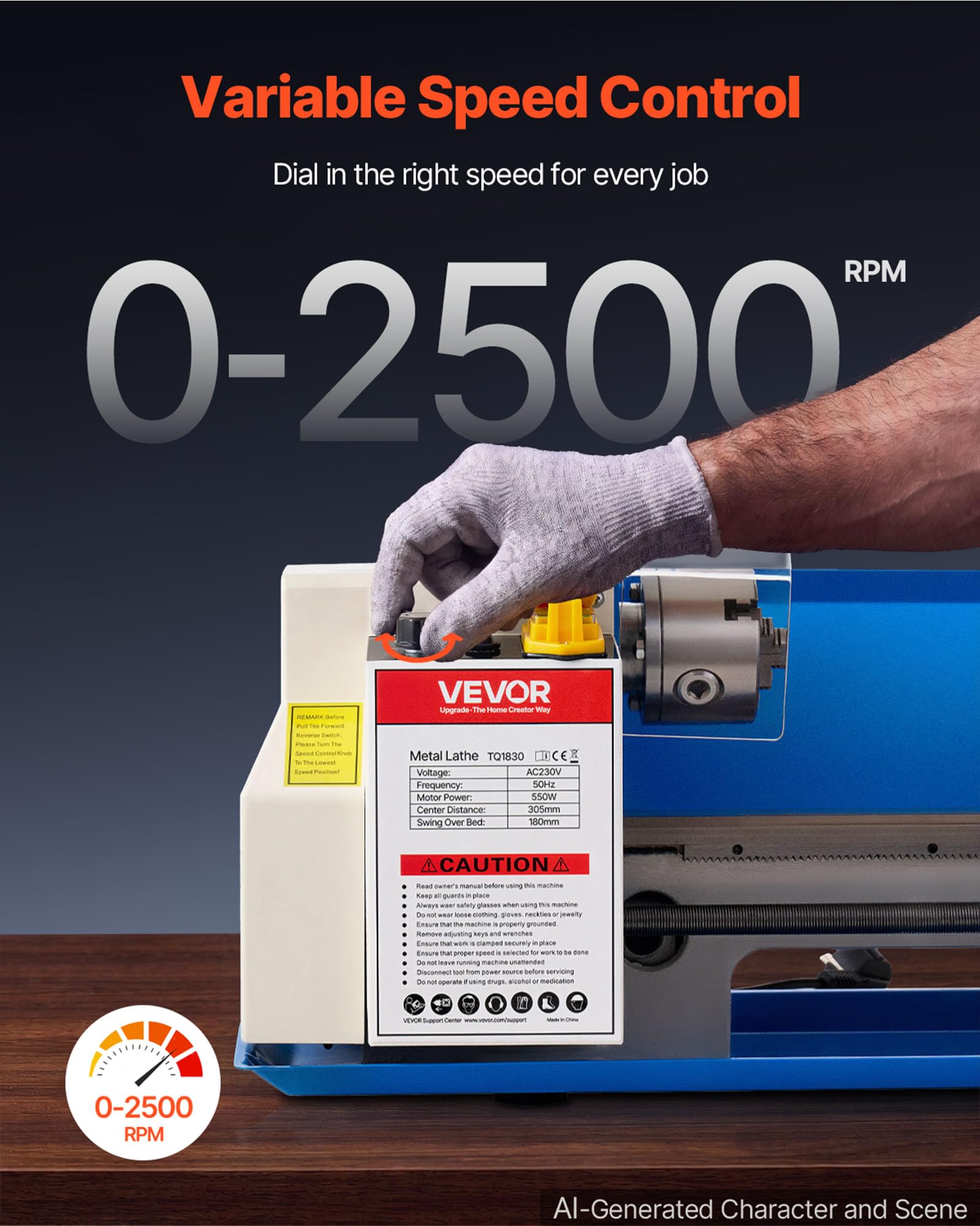 VEVOR Tornio da Banco per Metalli 180 x 305 mm Velocità 2500 giri/min 550W | Per 8 Filettature Metriche, Tornitura, Foratura, Zigrinatura, Ingranaggio in Nylon, Rotazione Reversibile, Corpo in Ghisa