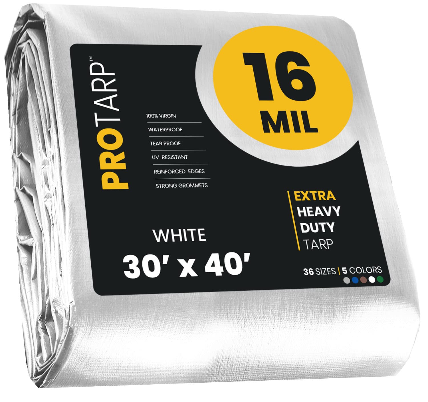Extra Heavy Duty 16 Mil Tarp Cover, Waterproof, UV Resistant, Rip and Tear Proof, Poly Tarpaulin with Reinforced Edges for Roof, Camping, Patio, Pool, Boat. (White 30′ X 40′)