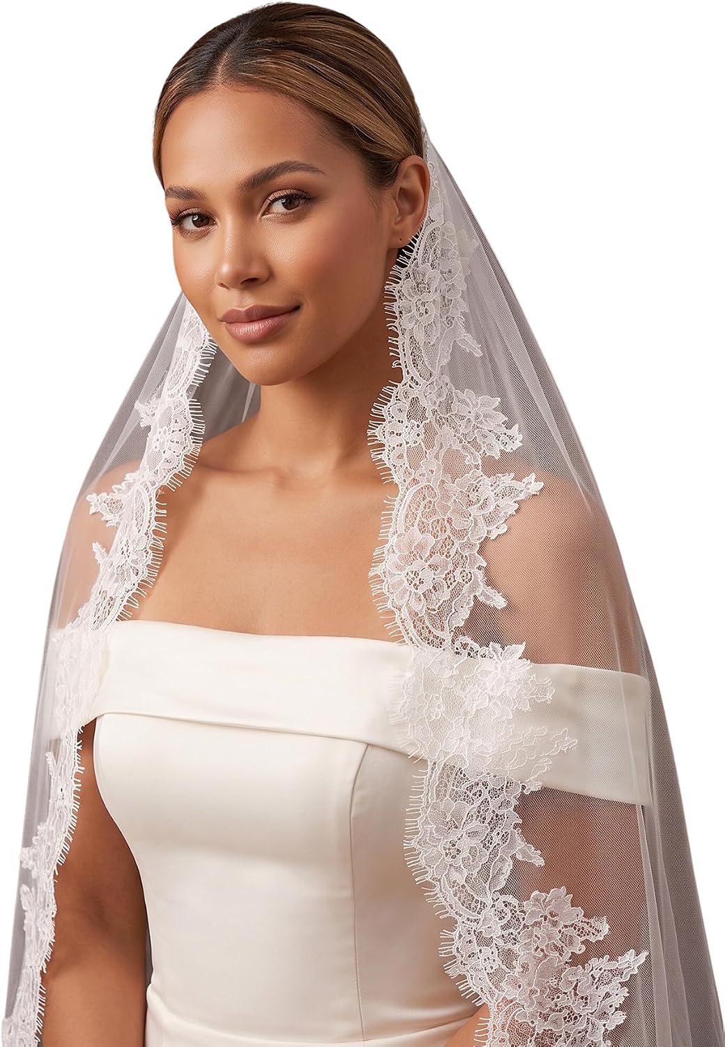 Cathedral Length Floral Lace 1 Tier Wedding Bridal Veil with Comb for Bride Ivory