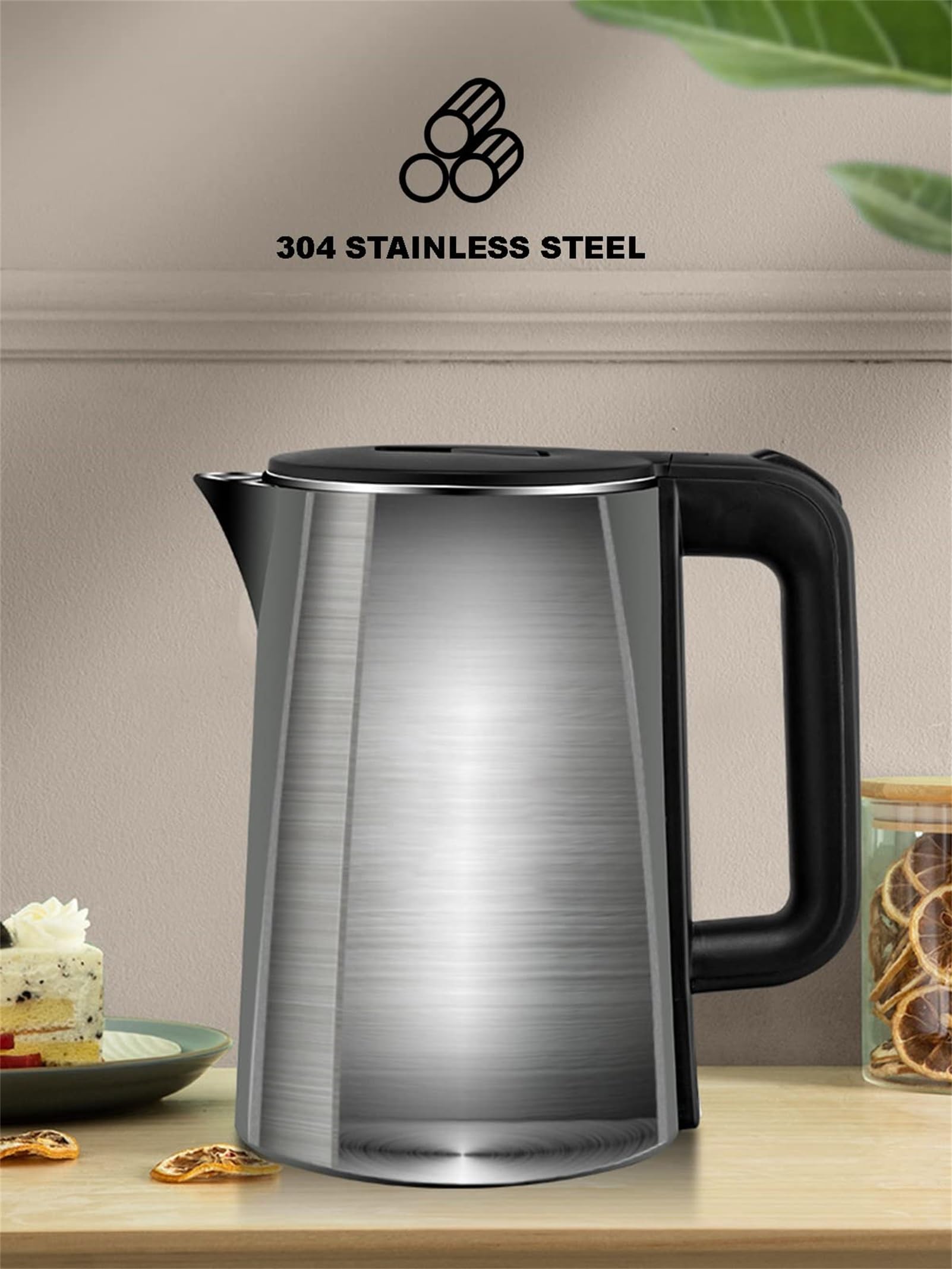 Hervidor eléctrico de ebullición rápida, acero inoxidable 304, 2,3 L, 1500 W, apagado automático, color negro.