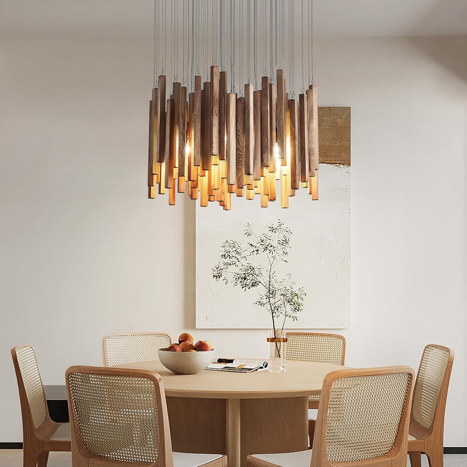 8 Light Farmhouse Wood High Ceiling Chandelier Rustic Large Ceiling Light Fixture Hanging Pendat Light for Dining Room Living Room Foyer Staircases Kitchen Island.