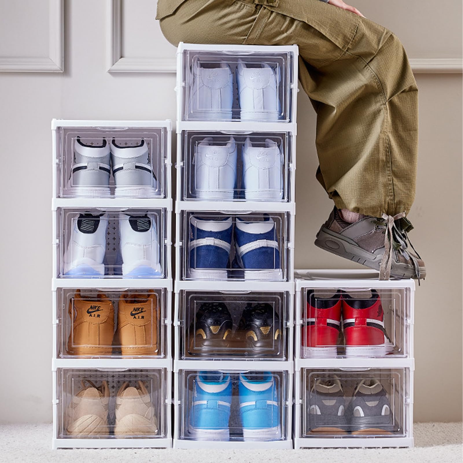 Set di 6 scatole trasparenti per scarpe, organizer per scarpe, senza installazione, impilabili, in plastica trasparente, con coperchio, per donna/uomo, 34 x 25 x 16 cm