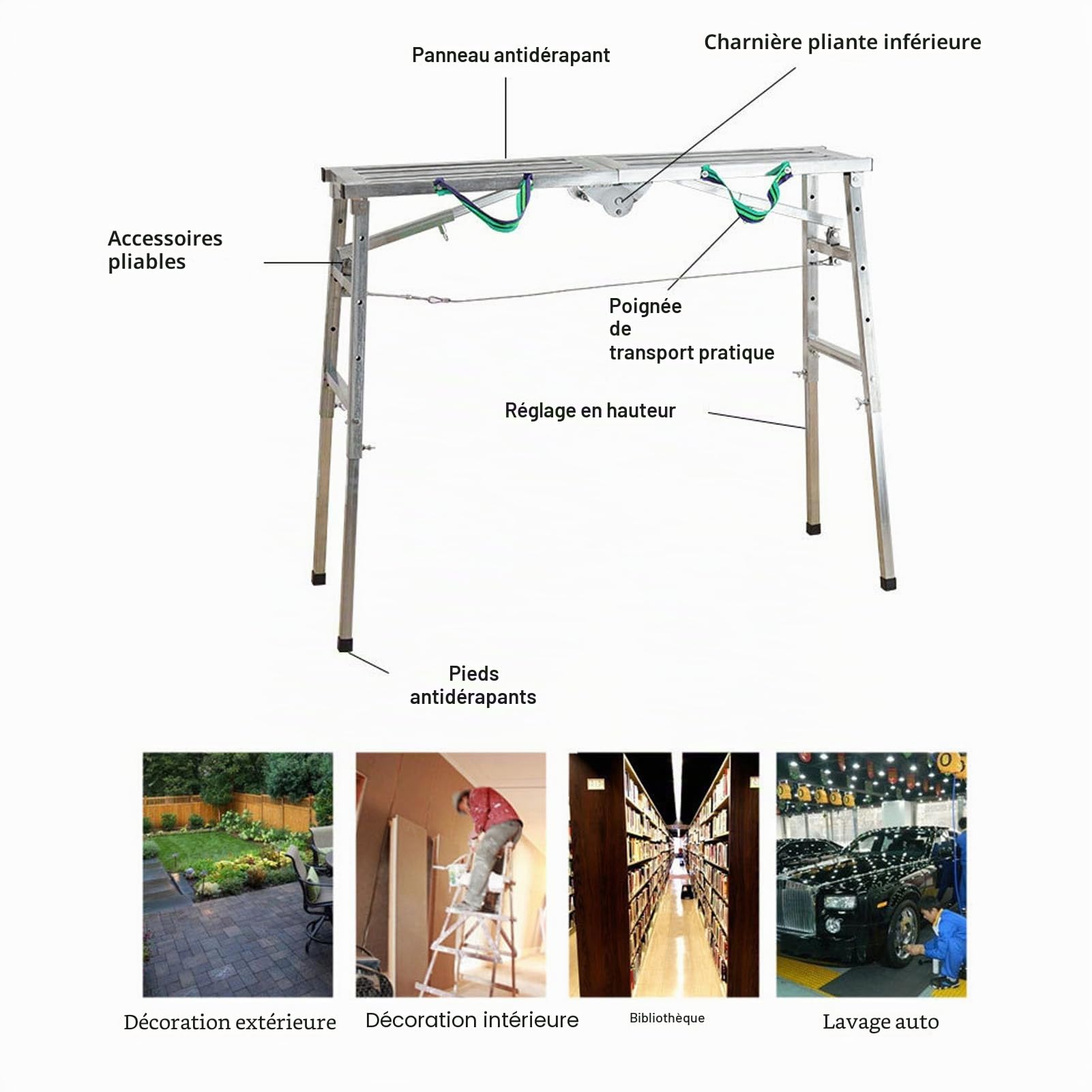 Ausla Plateforme de travail pliable réglable, structure en aluminium, banc d'échelle, pour cloisons sèches, capacité de maximale 200 kg, hauteur réglable 60 à 90 cm,