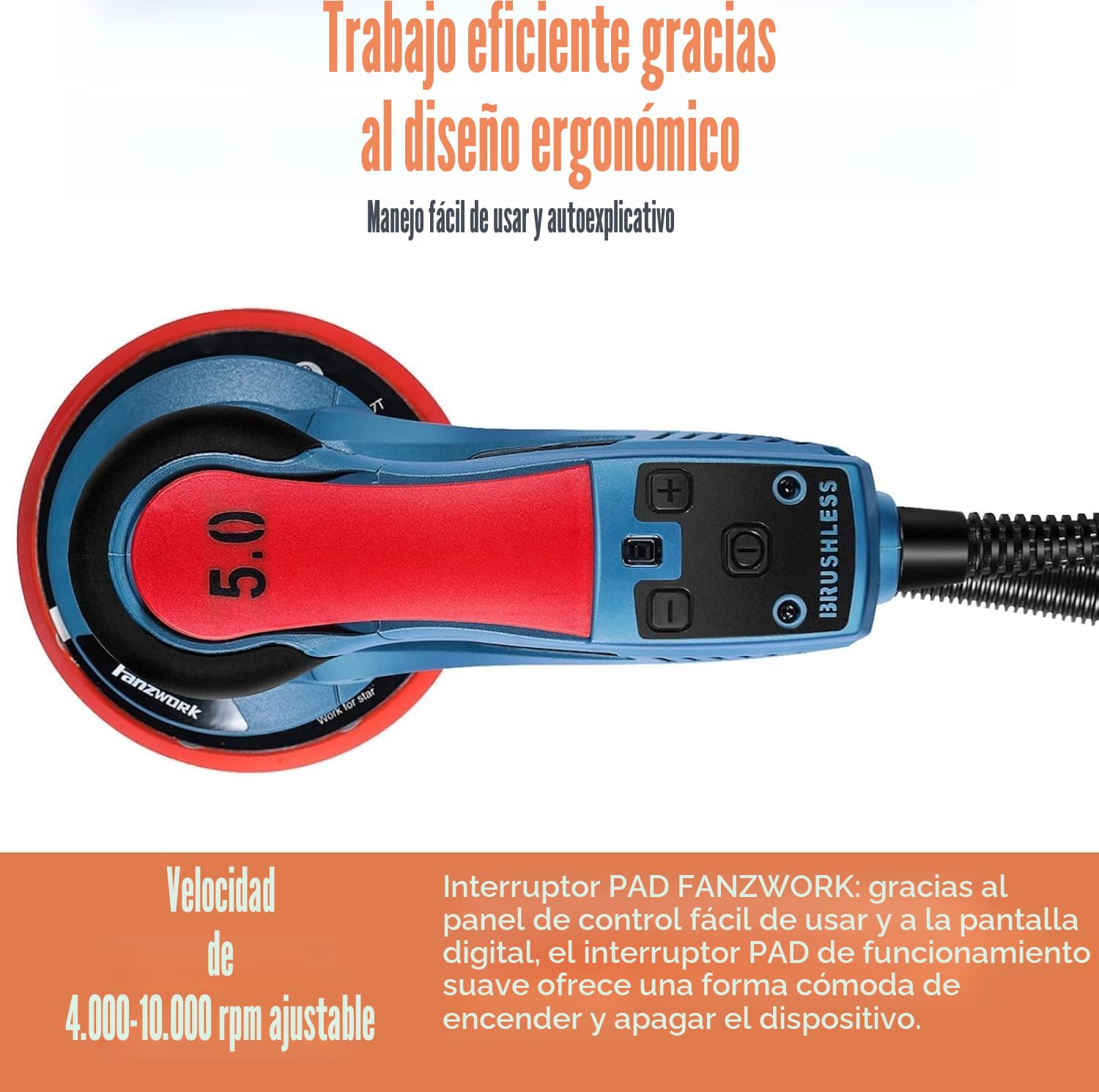 FANZWORK Lijadora rotorbital EZ150A, 350W, órbita de 5 mm, disco de 150 mm, 7 velocidades, freno de disco, 15 lijas, disco de repuesto y maletín de transporte.