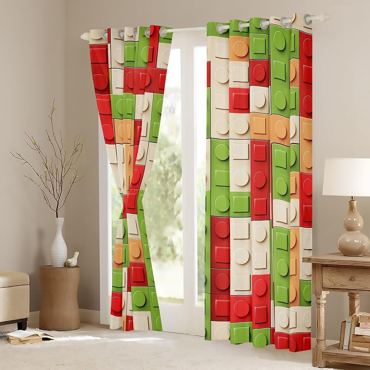 Feelyou Building Block Window Curtains for Bedroom 38W X 45L,2 Panels Kids Brick Styles Window Drapes Treatments for Boys Teens Colorful Gaming Curtains Green Red Yellow Room Decor image 3