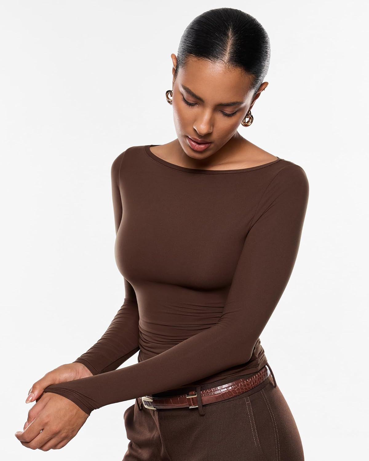 INLYRIC Women's Inbarely Ultra Long Sleeve Shirts Boat Neck Double Lined Going Out Tops Tight Fit Basic Tees - Image 3