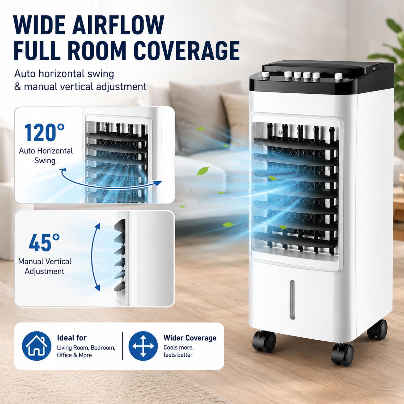 Rinfrescatore d'Aria Evaporativo 3-in-1 per Casa, Umidificatore e Ventilatore Portatile 4 Ghiaccioli, 3 Velocità, Oscillazione 120°, Ultra Silenzioso per Camera da Letto, Soggiorno, Ufficio