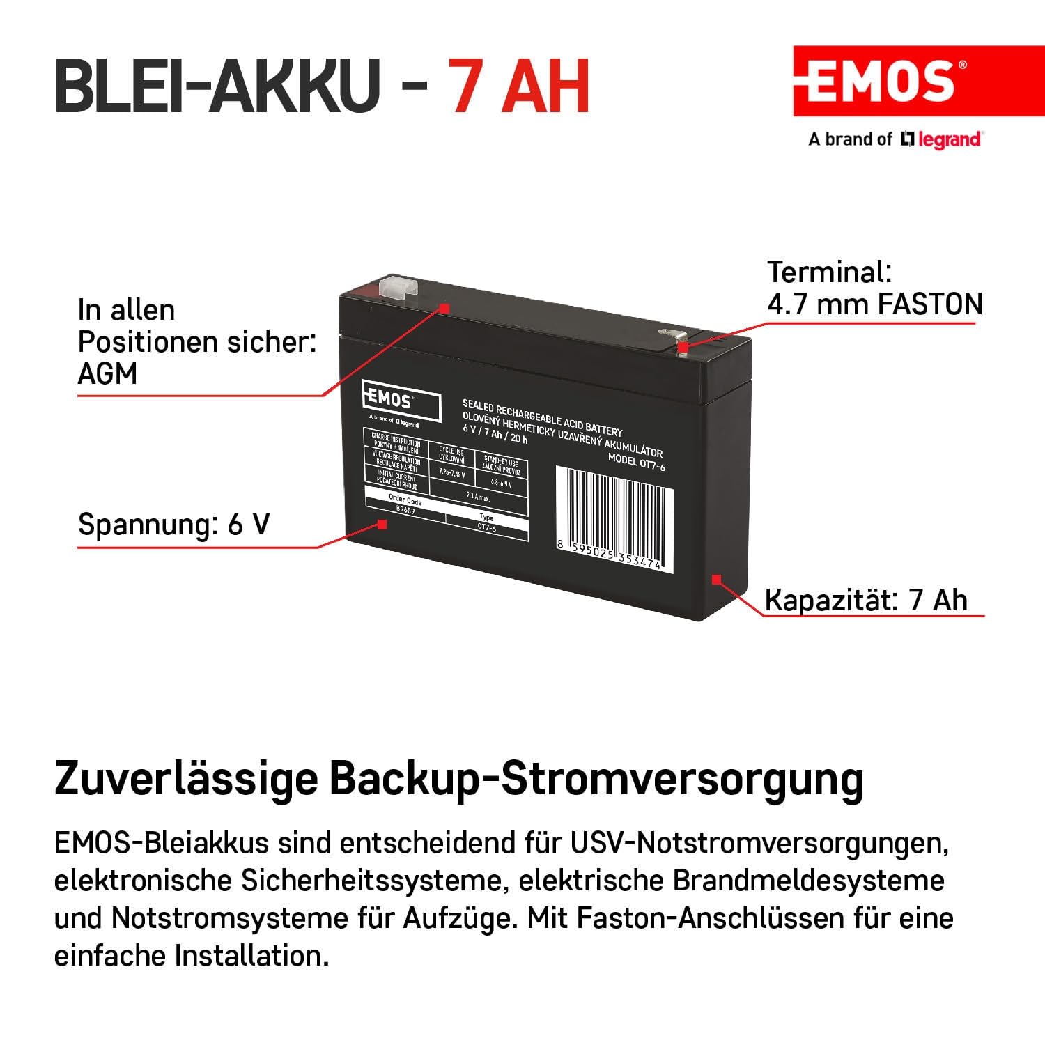 Image secondaire de Batterie AGM 6V 7Ah EMOS - Sans entretien pour systèmes d'alarme et UPS
