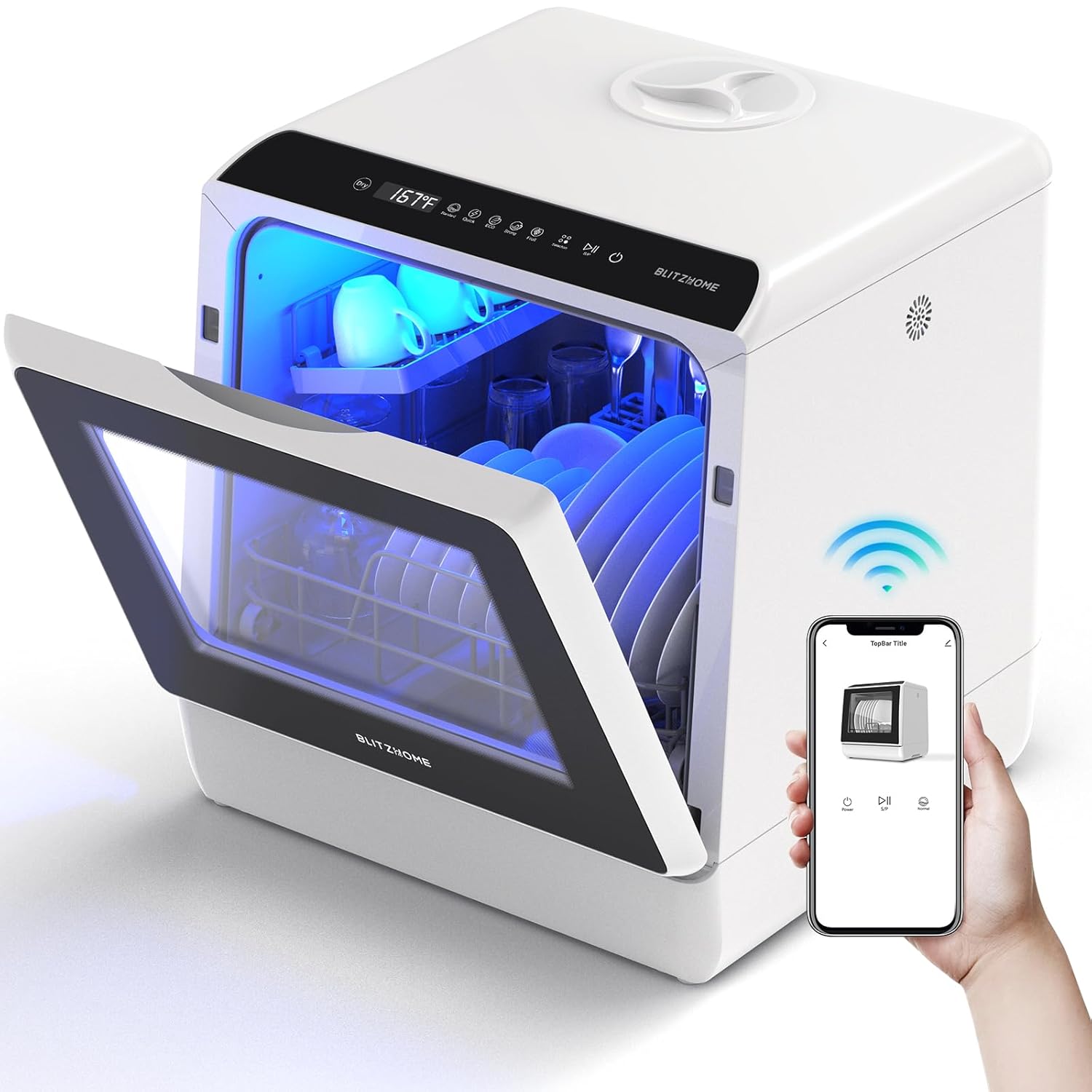 BLITZHOME Portable Dishwasher Countertop, WIFI Smart Dishwasher, Compact Dishwashers with 5L Built-in Water Tank, 6 Programs, 360° Dual Spray, High-Temp& Air-Dry Function, Fruit Cleaning