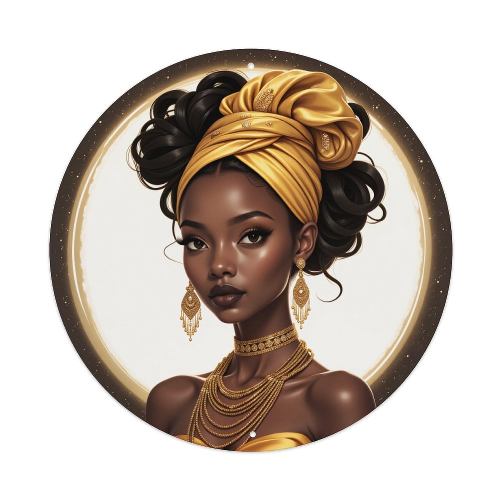 Golden Headwrap And Jewelry Round Tin Sign Vintage Metal Poster, Home Bar Garage Man Cave Cafe Indoor & Outdoor Wall Decoration 8x8Inches
