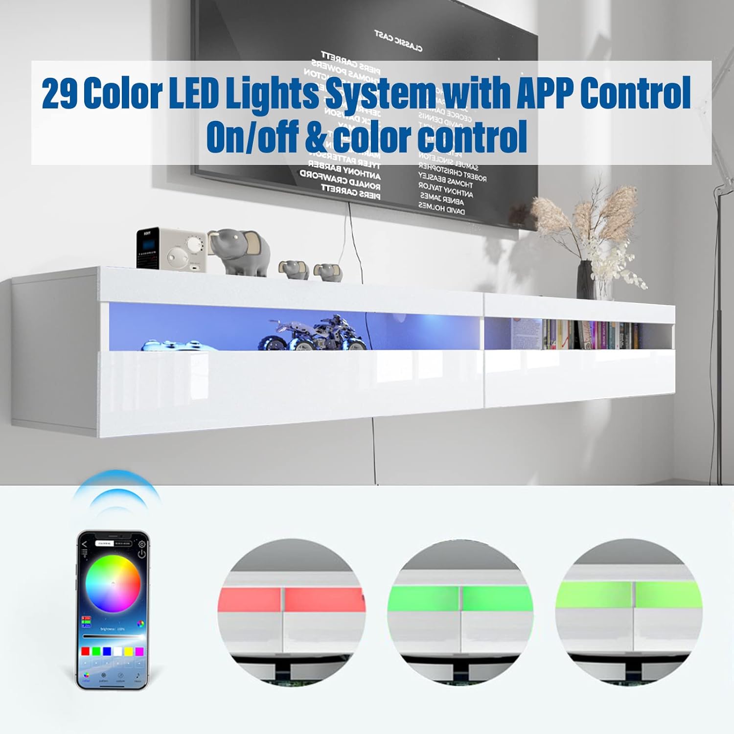 Solid Wood Floating TV Stand, Wall Mounted TV Shelf with Led Lights & Power Outlet, 71" Modern Entertainment Center Media Console with Storage, High Gloss TV Cabinet for 65/75/80 inch TV