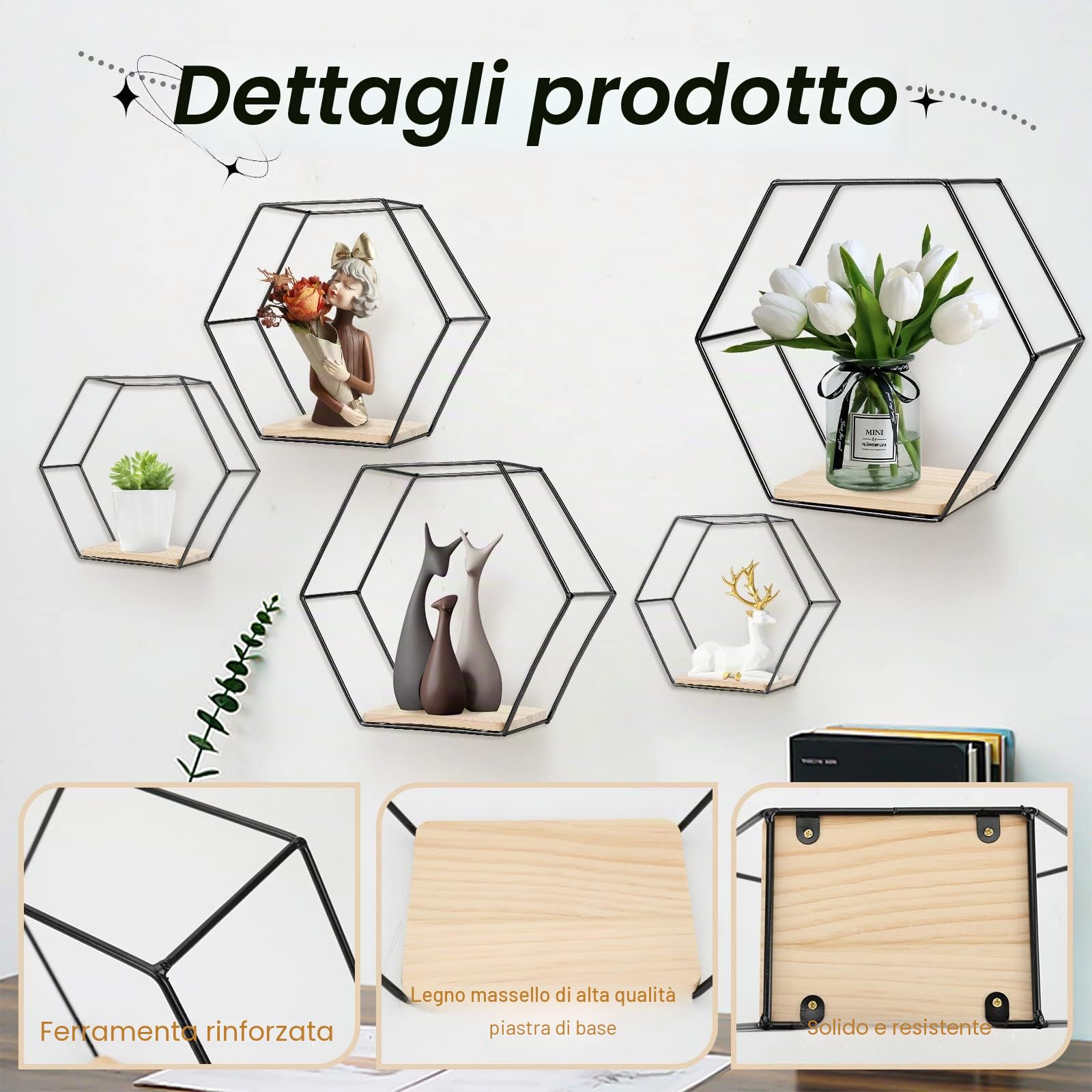 Set di 5 mensole da parete esagonali in ferro, scaffali metallici per cucina, bagno, soggiorno, camera da letto, ufficio, scaffale in metallo galleggiato, visualizzazione pianta, libri (nero 5)