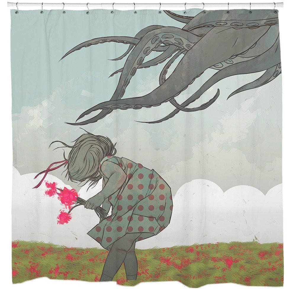 Sharp Shirter Octopus Shower Curtain Set Anime Kraken Nautical Blue Grey Polyester Waterproof Fabric with Hooks 72x72