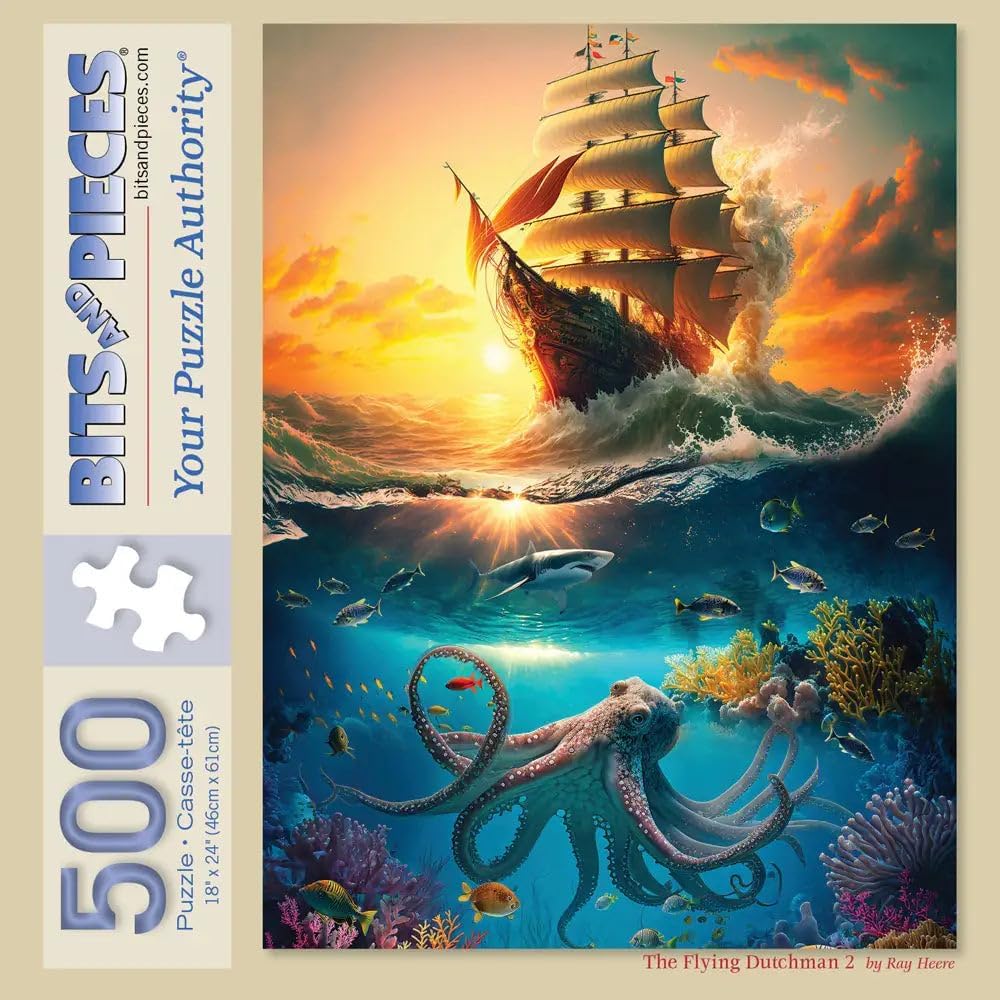 Bits and Pieces – 500 Piece Jigsaw Puzzle for Adults – The Flying Dutchman 2 - Seven Seas Ship Octopus by Artist Ray Heere, Completed Puzzle Size: 18" x 24"