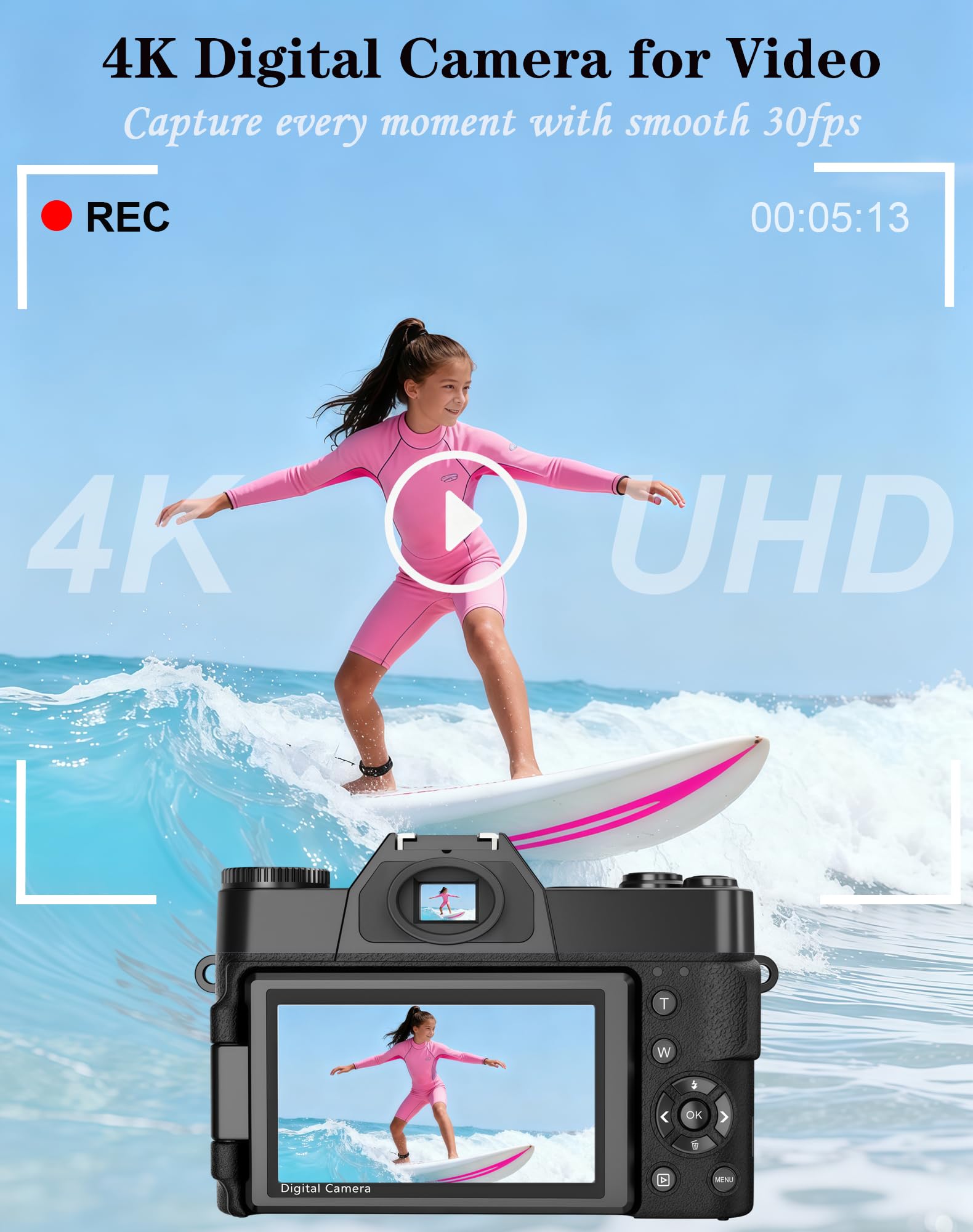 Cámara digital 4K, cámara de vlogging WiFi de 75 MP con pantalla abatible de 180°, enfoque automático, zoom de 18X, tarjeta de 32 GB, 2 baterías, cámaras digitales compactas de apuntar y disparar para