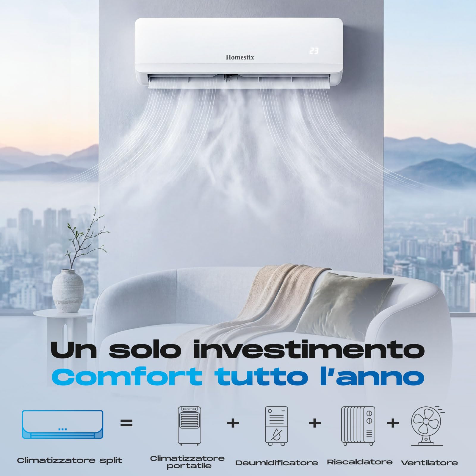 Condizionatore 12000 Btu Inverter Monosplit,con Pompa di Calore,Raffreddamento/Riscaldamento,Deumidificazione e Ventilazione,Ultra Silenzioso,Telecomando e App,Timer 24h, Modalità Notte ed Eco