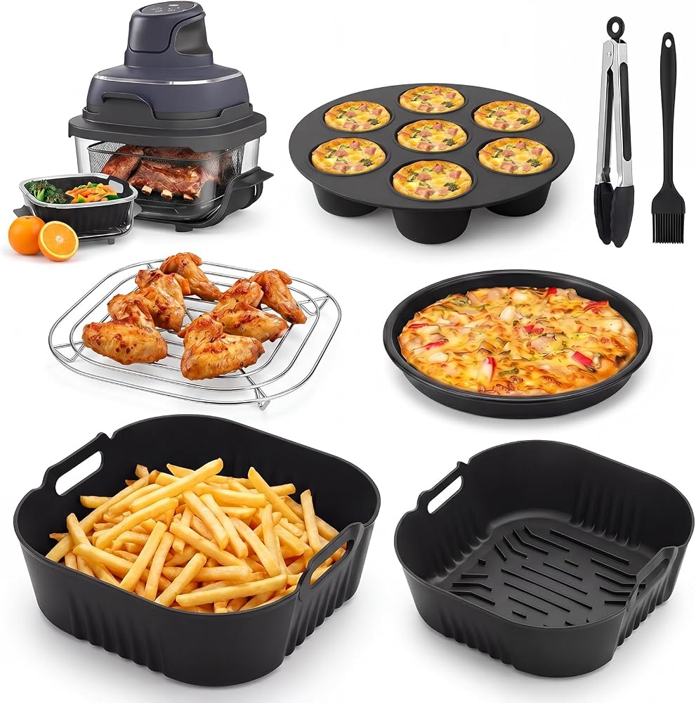 Air Fryer Accessories for Ninja Crispi Air Fryer 4QT&6-Cup Glass Containers | Set of 7 for Ninja FN101GY | FN101ST | FN101SG | FN103BF,with Silicone Liners,Cake Pizza Pan,Crisper Rack,Egg Bite Mold etc
