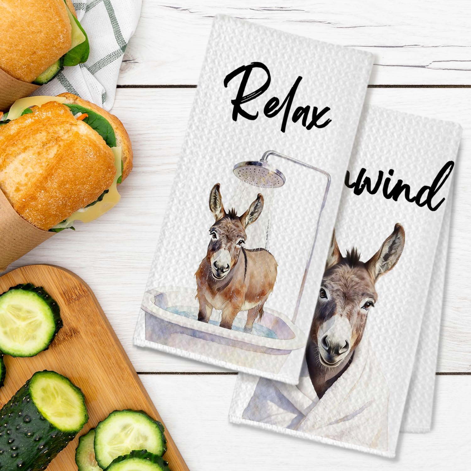 Donkey Hand Towel for Bathroom Spa Room Decor, Breathe Soak Unwind Relax Donkey Gift for Women & Men, 16x24 Inches Set 3