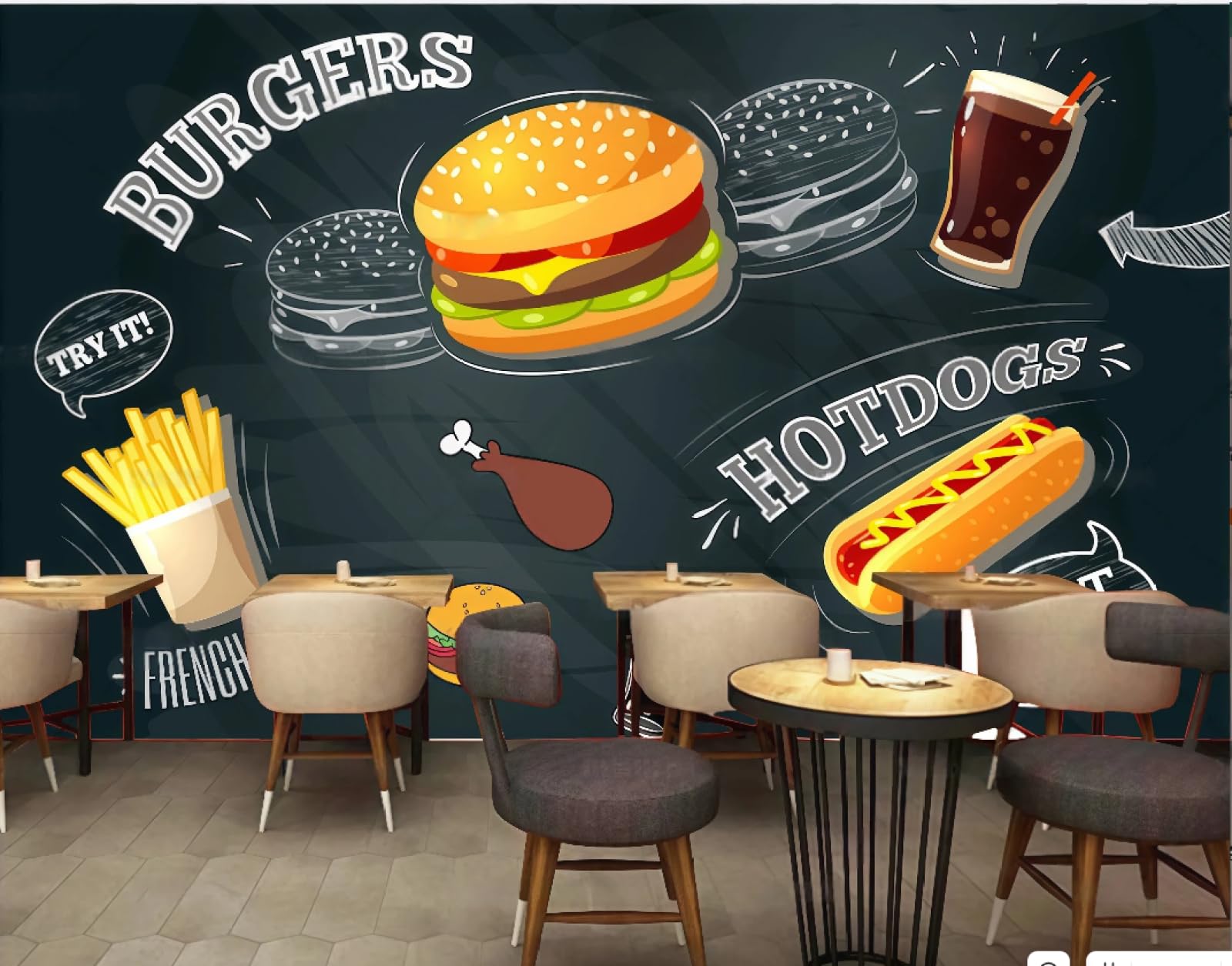 XDOUBAO Wallpaper Hand-Painted Burger Fried Chicken Fast Food Restaurant Dessert Afternoon Tea Western Restaurant Background Wall Wallpaper Coffee Shop Mural,3D,150x105cm
