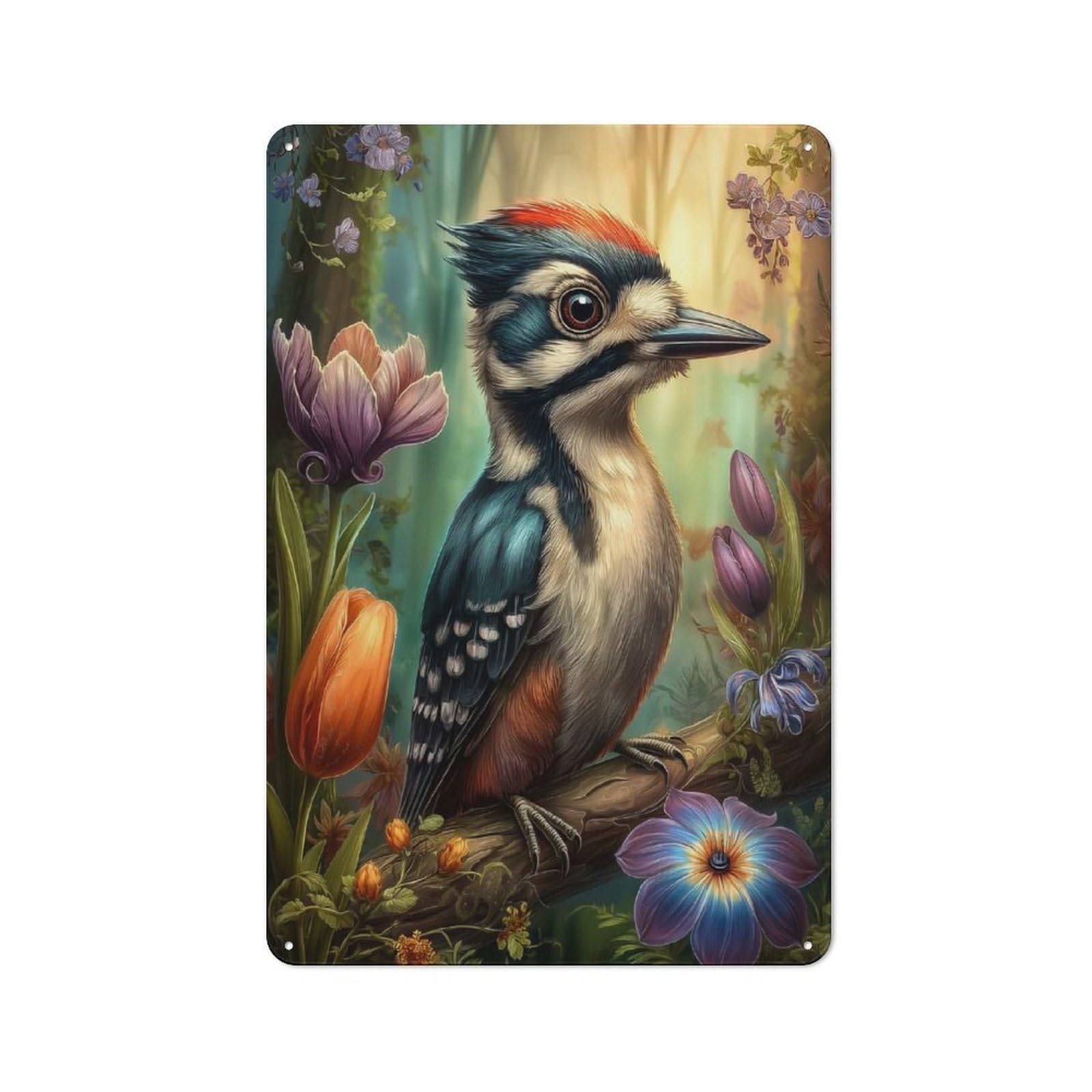 Junmoney Style-23 Vintage Woodpecker In Floral Fantasy Metal Wall Sign 30X20cm, Shed Wall Plaque For Garage, Workshop, Shed Or Utility Room