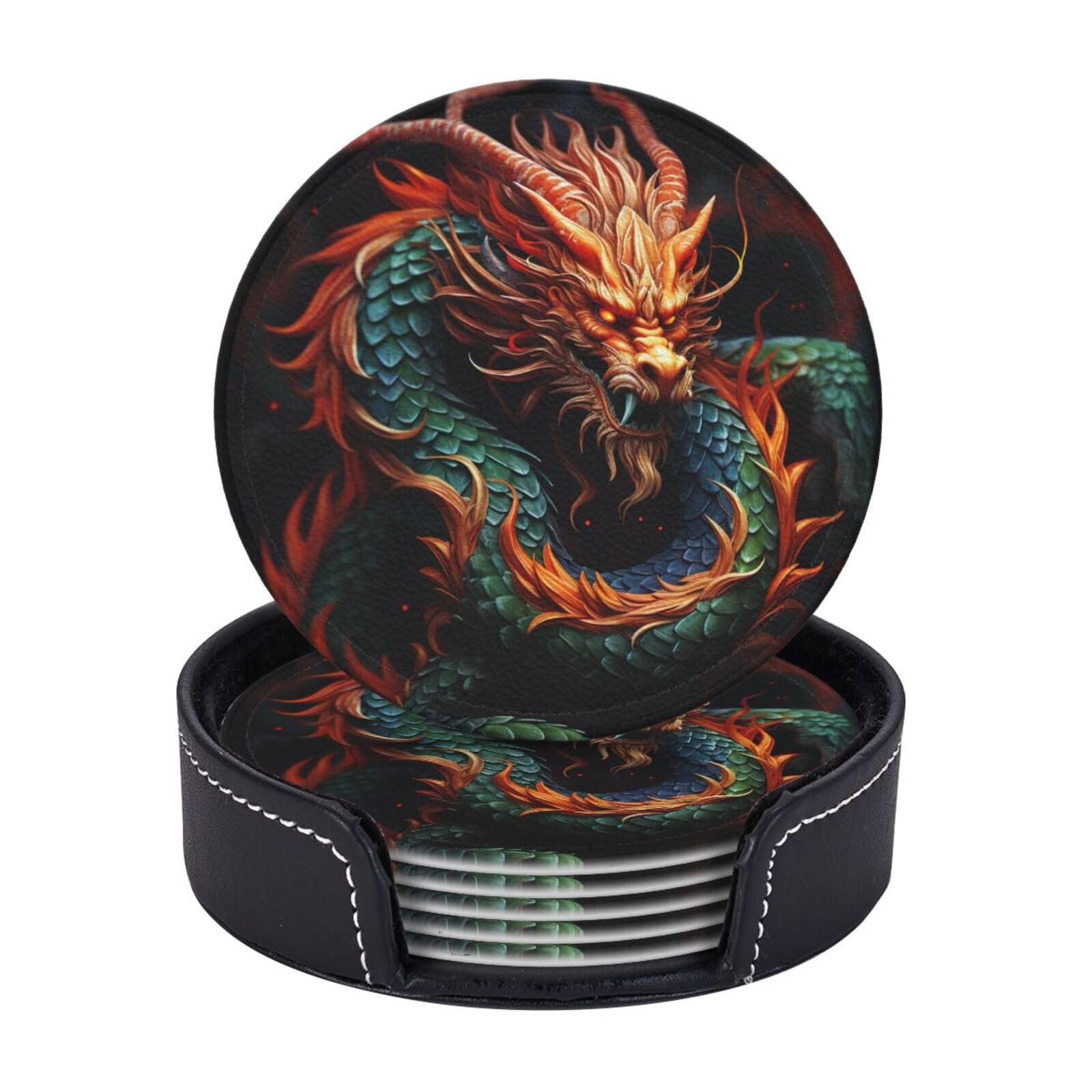 6 Pcs Chinese Dragon Coasters with Holder Round Leather Drink Coaster Non-Slip Coffee Cup Mat Absorbent Table Coasters for Tabletop Protection