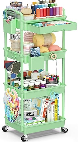 Miniatura 17 de Carritos de almacenamiento rodantes de 3 niveles con cajones extraíbles, ruedas con bloqueo, ganchos y portavasos - Organizador de almacenamiento