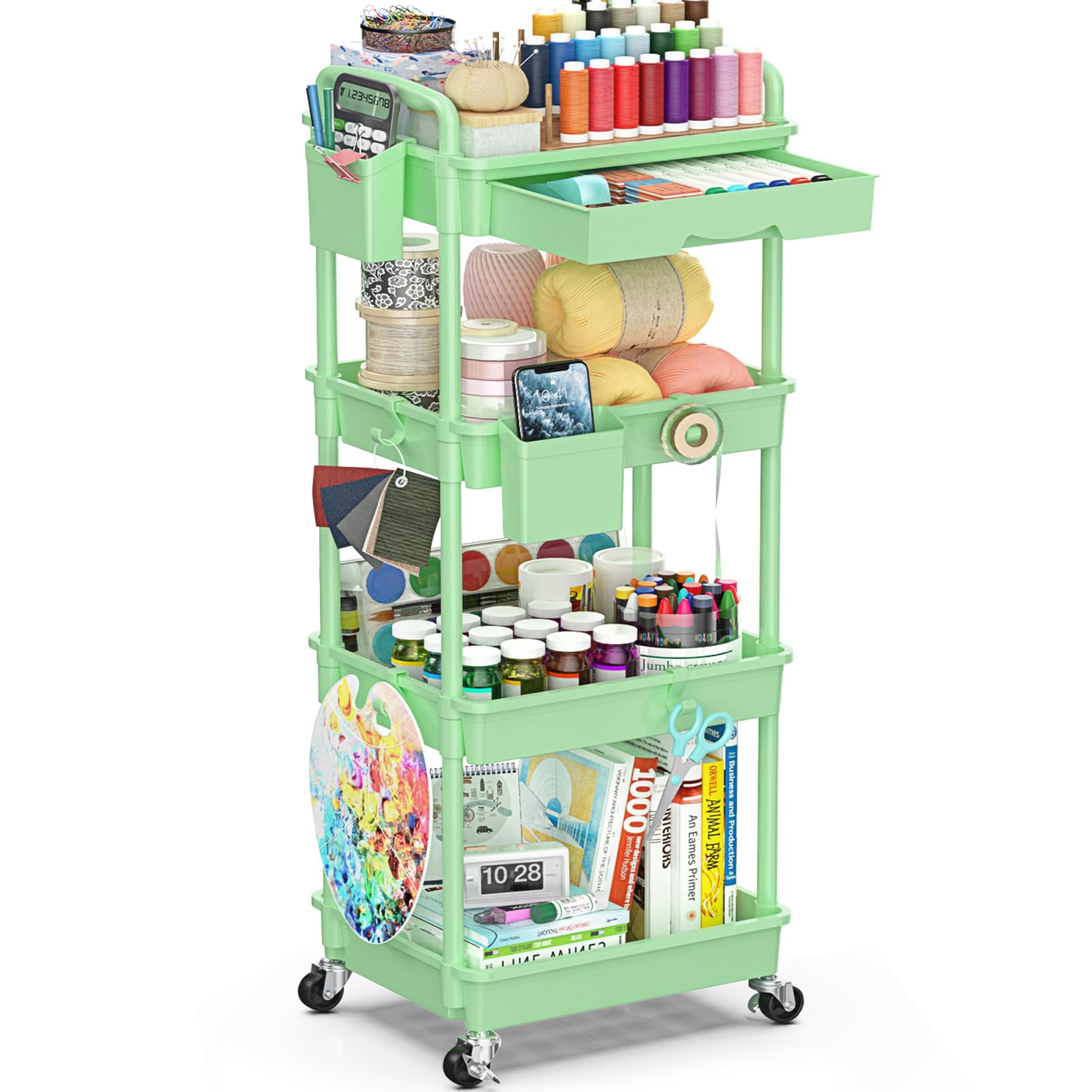 4 Tier Rolling Utility Cart with Drawer, Storage Organizer Cart with 2 Lockable Wheels, Multifunctional Rolling Storage Cart for Bathroom, Kitchen, Craft, Makeup, Baby Essentials, Green