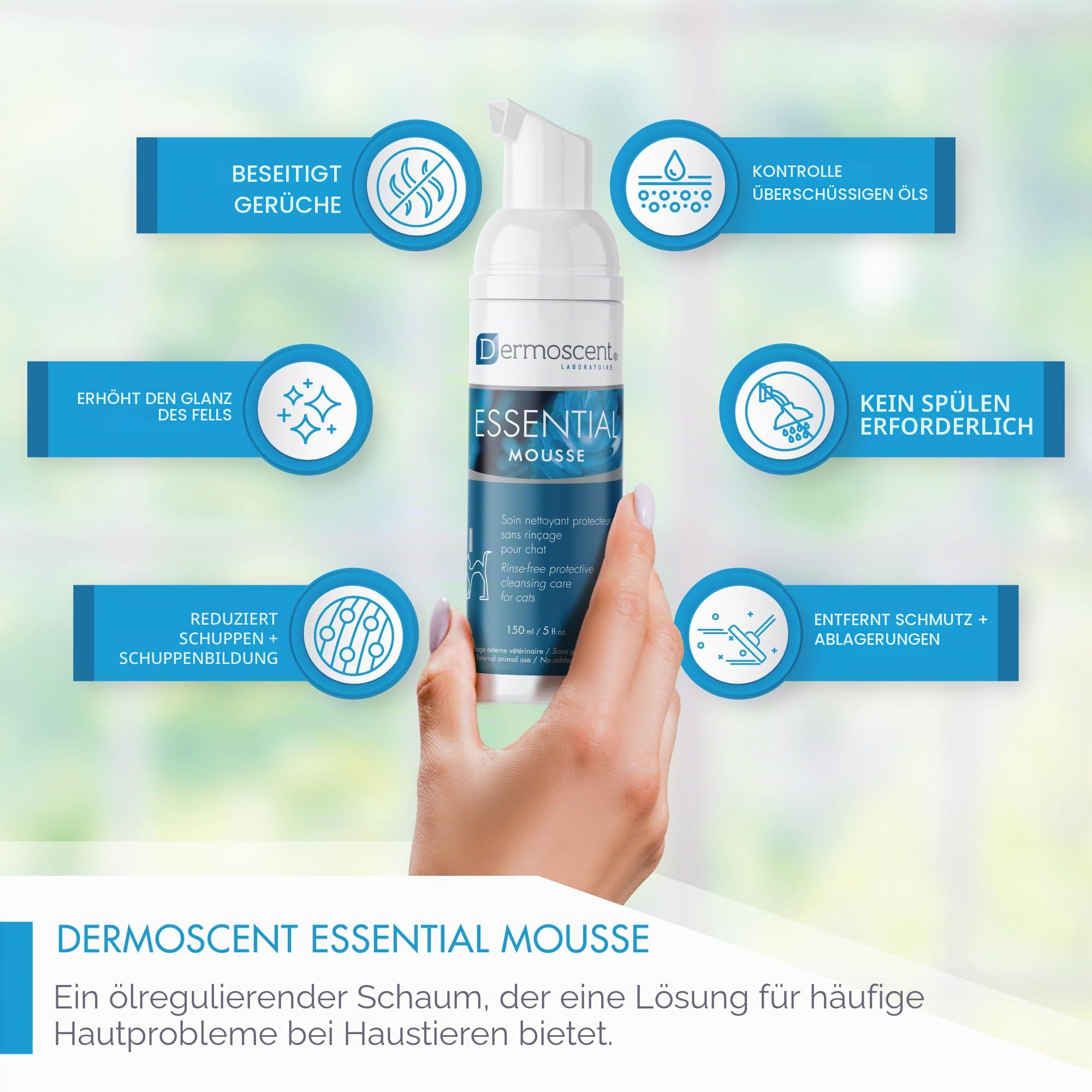 Dermoscent Katzenshampoo ohne Wasser – Trockenshampoo für Katzen | Sanfte Reinigung mit Hanfsamenöl & Niaouli-Öl | Feuchtigkeitsspendender Schaum | Essential Mousse