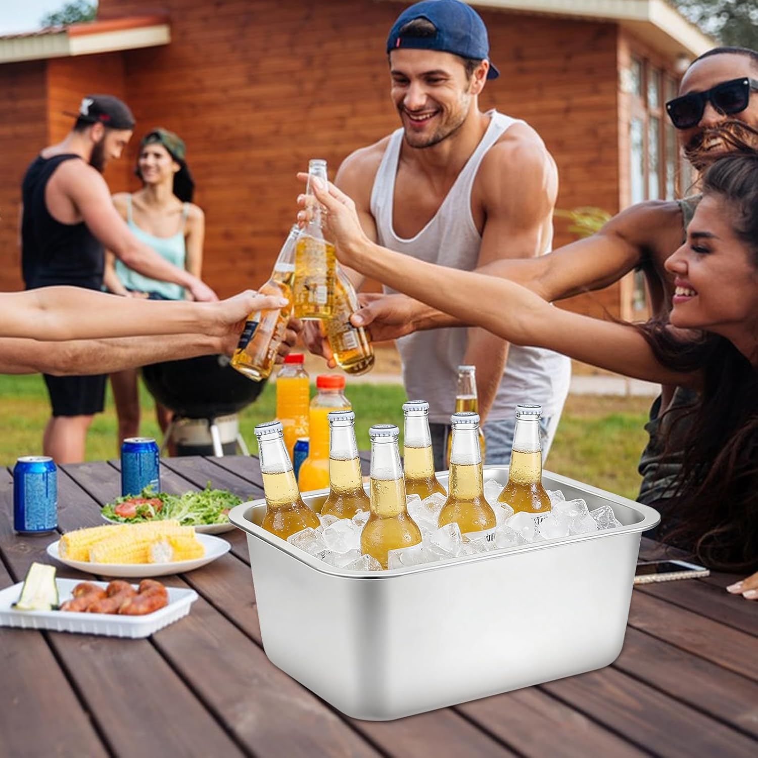 2 Pack Large Strainless Steel Beverage Tub with 2 Ice Scoops, Beer Ice Bucket Drink Cooler Beer Champagne Bucket Drink Chiller Tub Ice Cube Bin for Freezer Cocktails Wine Cooling Mimosa Bar Supplies