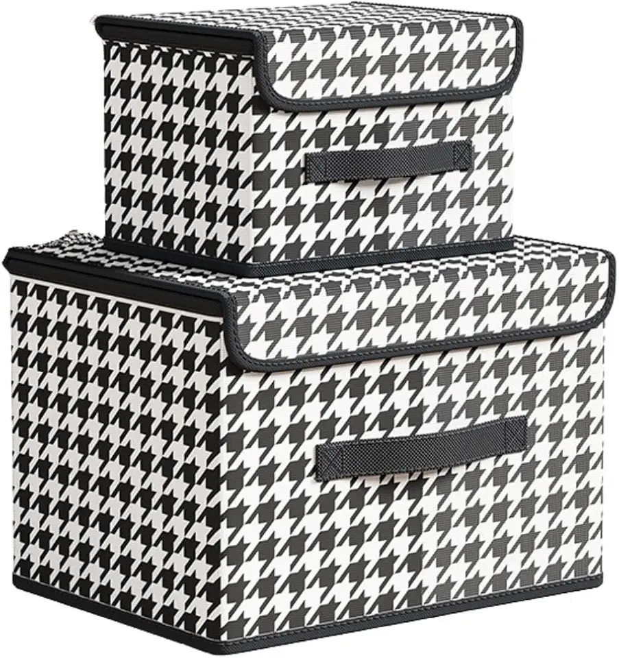 Kit 2 Caixas Organizadoras para Guarda-Roupa e Armário com Tampa | Multiuso, Dobrável, Empilhável e Antipoeira (Preto e Branco)