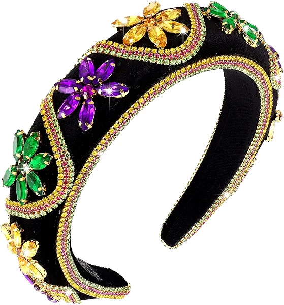 Mardi Gras Headband Purple Crystal Jeweled Wide headband Festival Holiday Padded Hairband Carnival Party Hair Accessory Gift