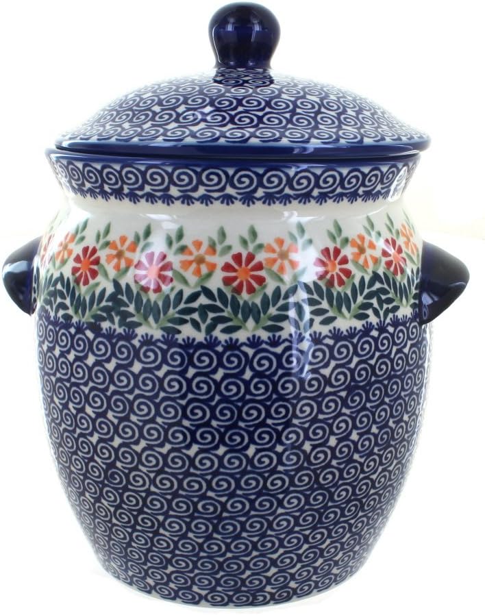 Blue Rose Polish Pottery - Orange Garden Bouquet Cookie Jar - 22 Cup Capacity - Decorative Treat Storage Container for Cookies