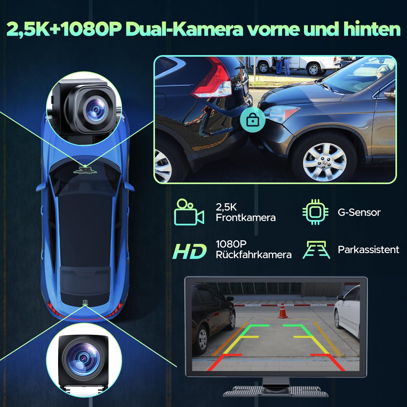 Lamto Przenośne radio samochodowe do Apple CarPlay Android Auto 9-calowe bezprzewodowe radio samochodowe z kamerą rozdzielczą 2,5 K, kamera cofania 1080P, ekran Carplay z Bluetooth/Mirror