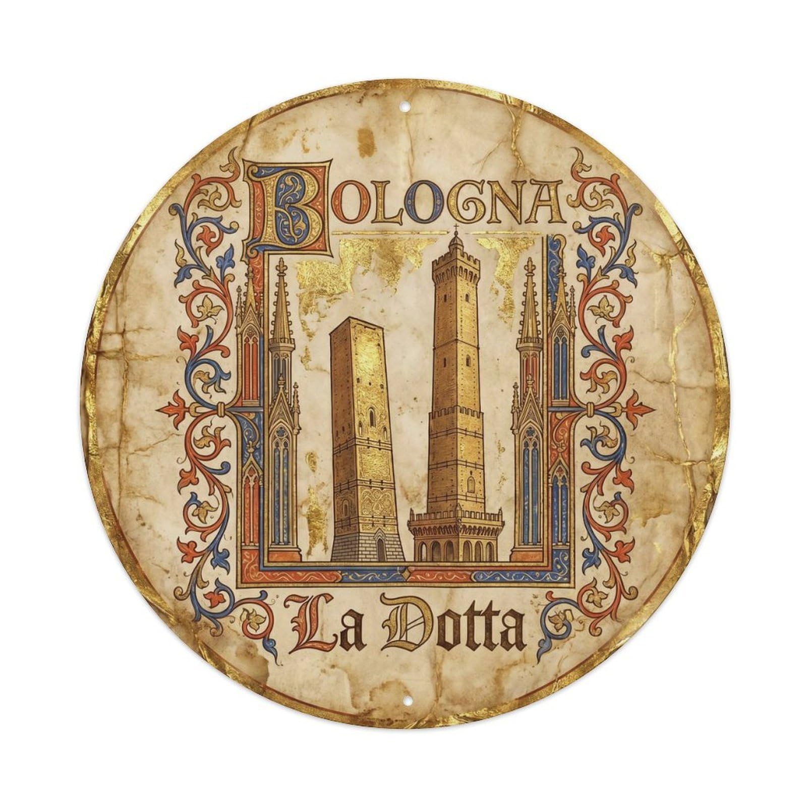 Yrnq Vintage Style Vintage Travel Bologna Towers Italy Vintage Metal Tin Sign Plaque Wall Decor For Cafe, Club, Garden Round Metal Poster 8X8inch