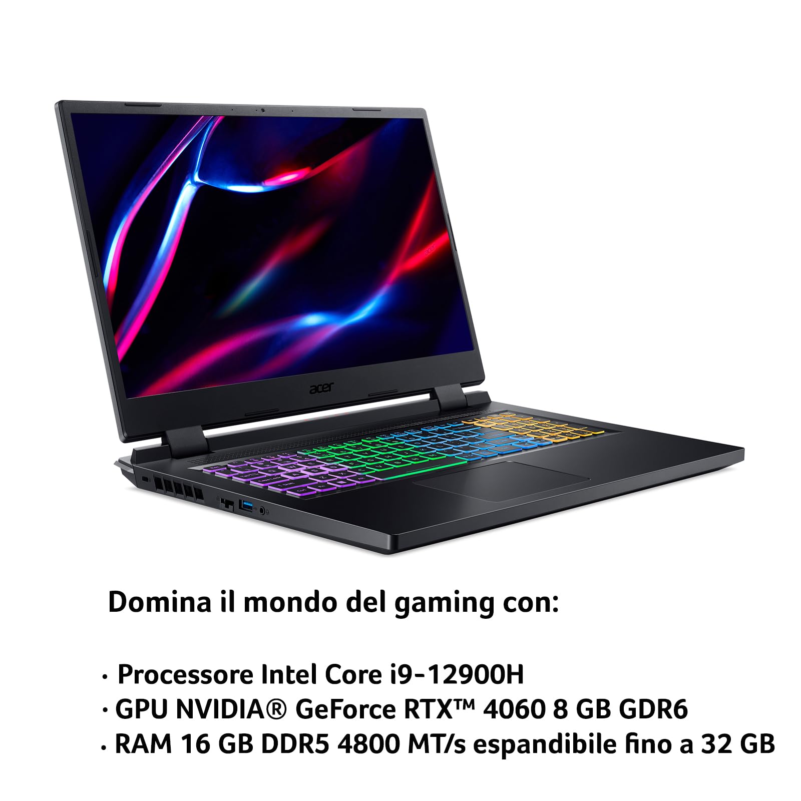 Acer Nitro 5 AN515-58-94DQ Notebook Gaming, Processore Intel Core i9-12900H, Ram 16 GB DDR5, 1024 GB SSD, Display 15.6" FHD IPS 144 Hz LED LCD, NVIDIA GeForce RTX 4060 8 GB, Windows 11 Home