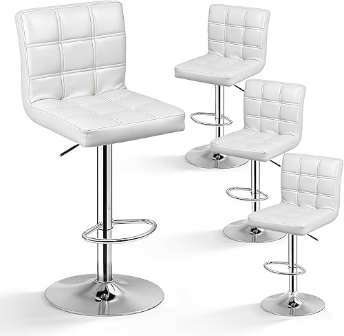 SUPER DEAL Juego de 4 taburetes de bar para isla de cocina, modernos taburetes giratorios de piel sintética ajustables con respaldo cuadrado de