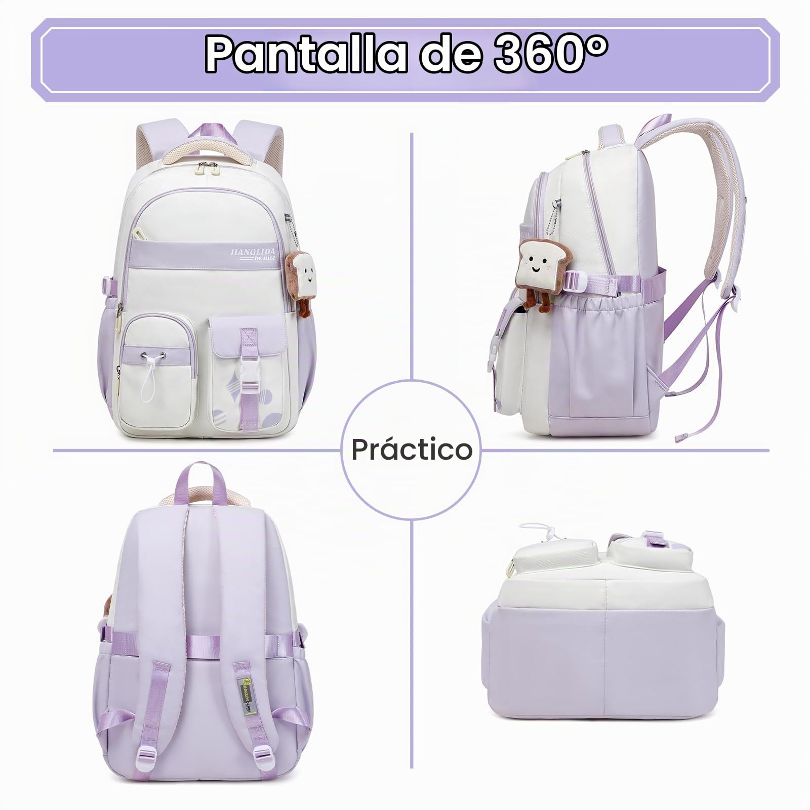 Amythe Mochilas Escolares Niñas con Correa para Carrito, Morado