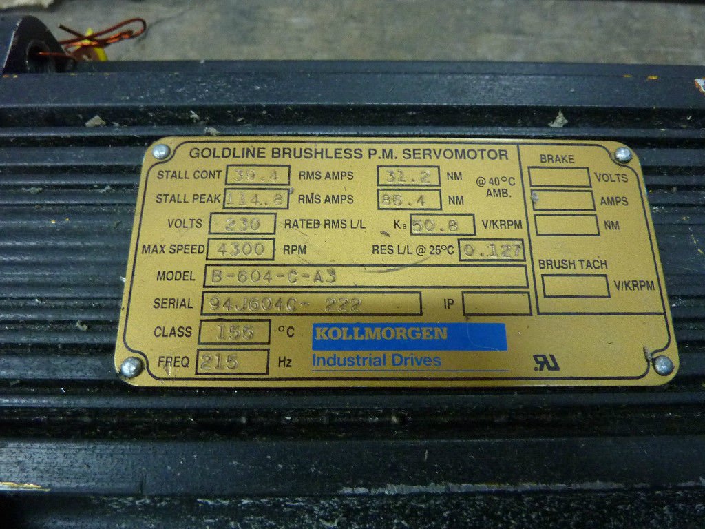 Kollmorgen B-604-C-A3 Servo Motor nameplate details