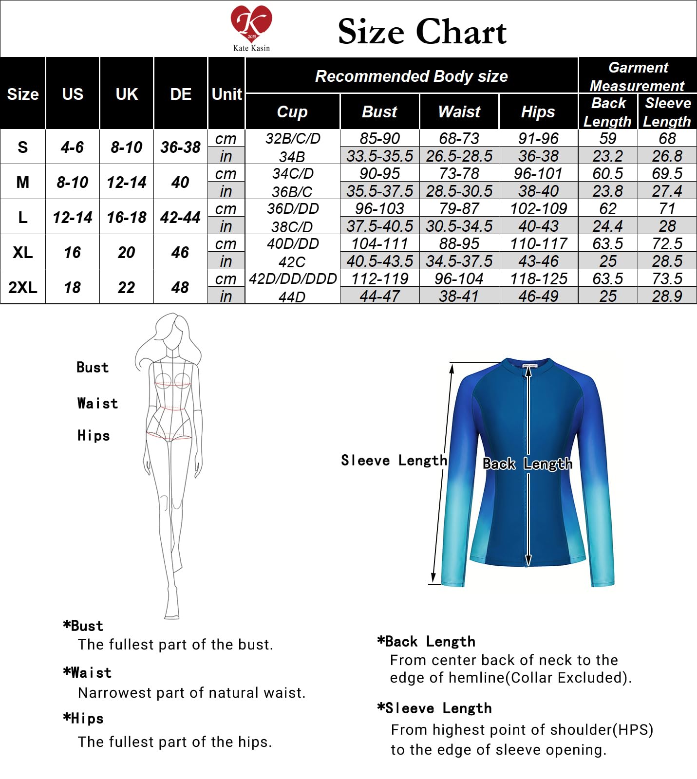 Kate Kasin Strój kąpielowy z długim rękawem dla kobiet, zestaw UK Rash Guard ze sportowymi miseczkami biustonosza, UV UPF 50+, koszulka chroniąca przed słońcem, do pływania, surfowania
