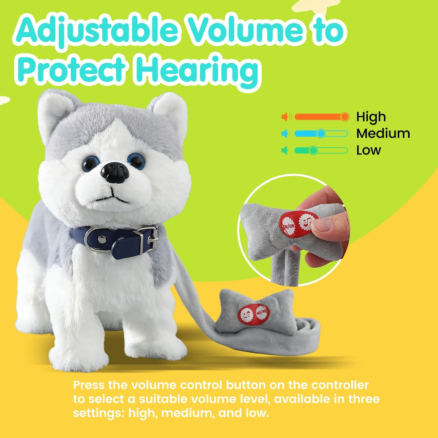 Husky Walking Dog Barking Toy, Musical Singing Dancing Volume Control Interactive Puppy Walk Along with Leash, Wagging Tail Shaking Head, Robot Plush Stuffed Animal Puppy for Kid
