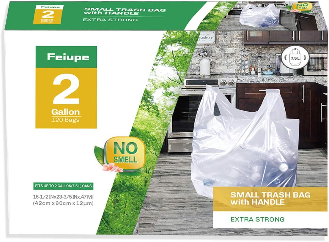 FeiupeClear Trash Bag with Handle Small Garbage Bag Trash Can Liner,2 Gallon,120 Counts (2 Gallon)