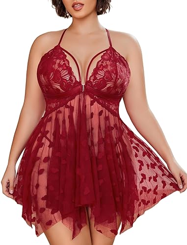 Avidlove Plus Size Lingerie Lace Babydoll Womens Teddy Chemise V Neck Nighty Mesh Sleepwear Front Slit Nightdress - Wine Red - XX-Large