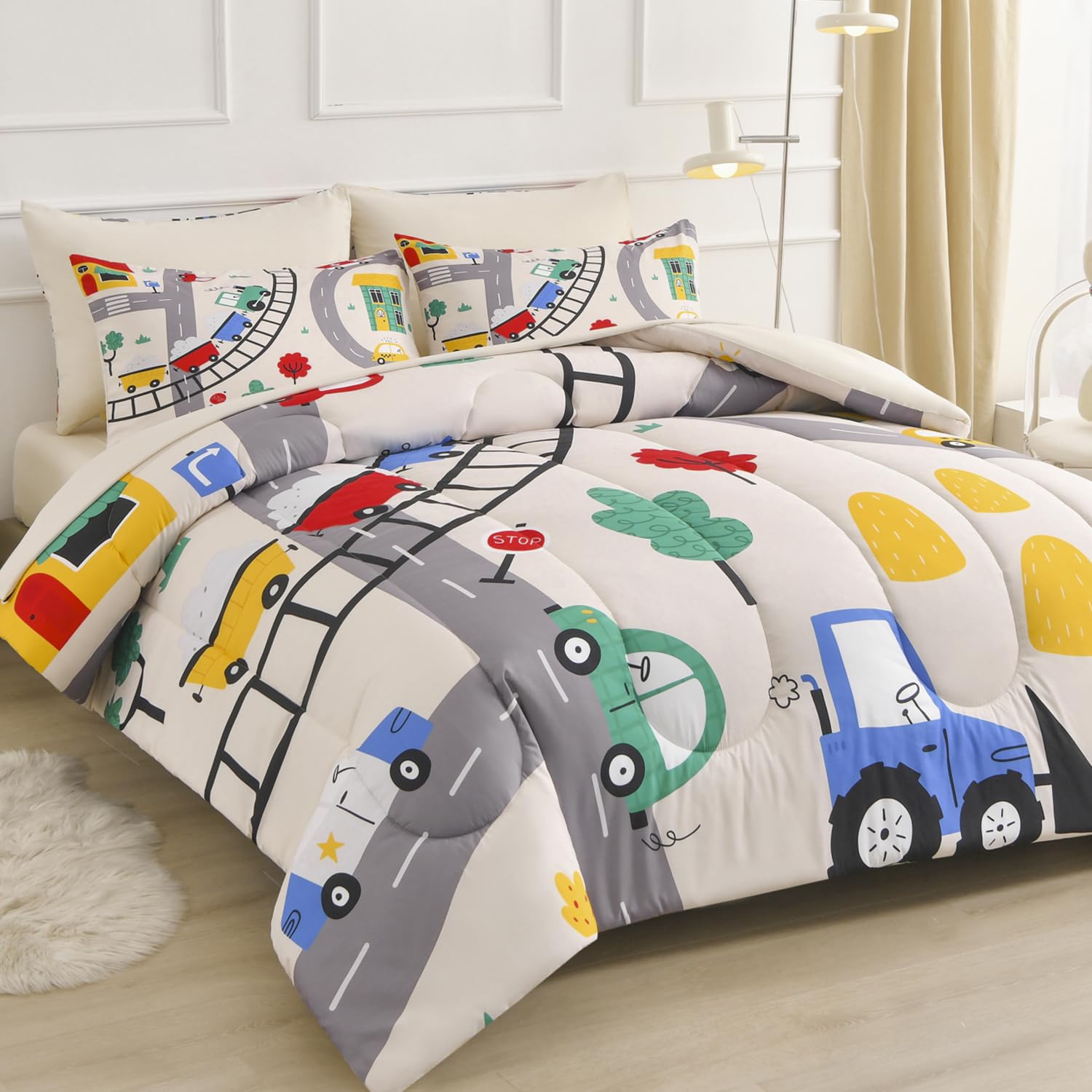 Decoreagy Kids Twin Comforter Set 4 Pcs Bed in a Bag,Soft Microfiber Beige Bedding Set for Girls Boys,Lightweight Monster Truck Pattern Comforter with Sheet Sets,All Season Bed Set(Beige,68