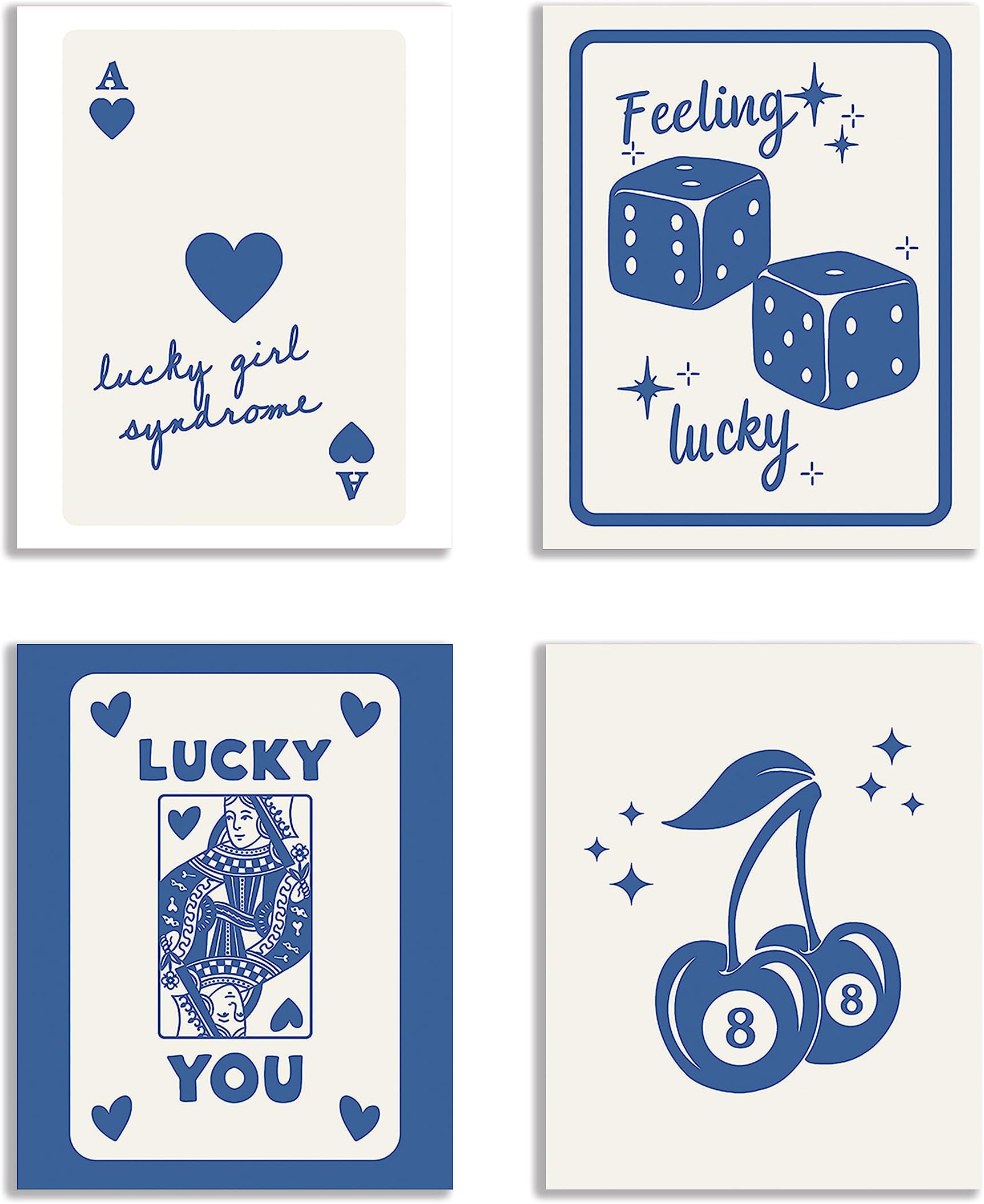KEUSPITrendy Retro Feeling Lucky You Girl Syndrome 8 Ball Queen Dice Cherry Funky Wall Art Poster Prints for Room Aesthetic Dorm Decor,Trendy Decorations Prints Unframed 8x10 Inches Set of 4