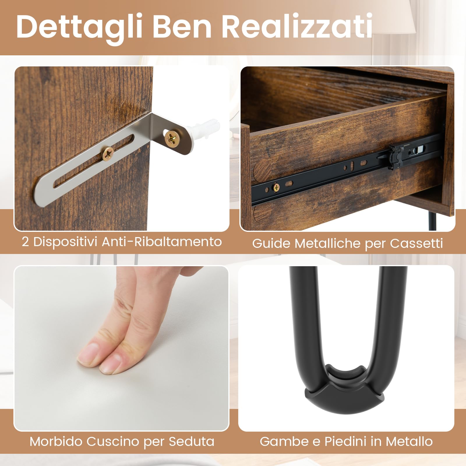 COSTWAY Toeletta Trucco con Specchio e Luci, Tavolo Trucco con Specchio Regolabile, Stazione di Ricarica Integrata, 2 Cassetti, Sgabello Imbottito, per Soggiorno Camera da Letto