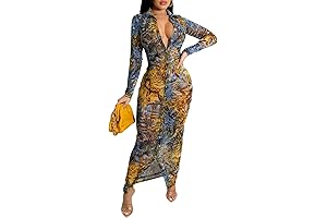 Women's Sheer Mesh Long Sleeve Bodycon Midi Dress Club Night Out Dresses
