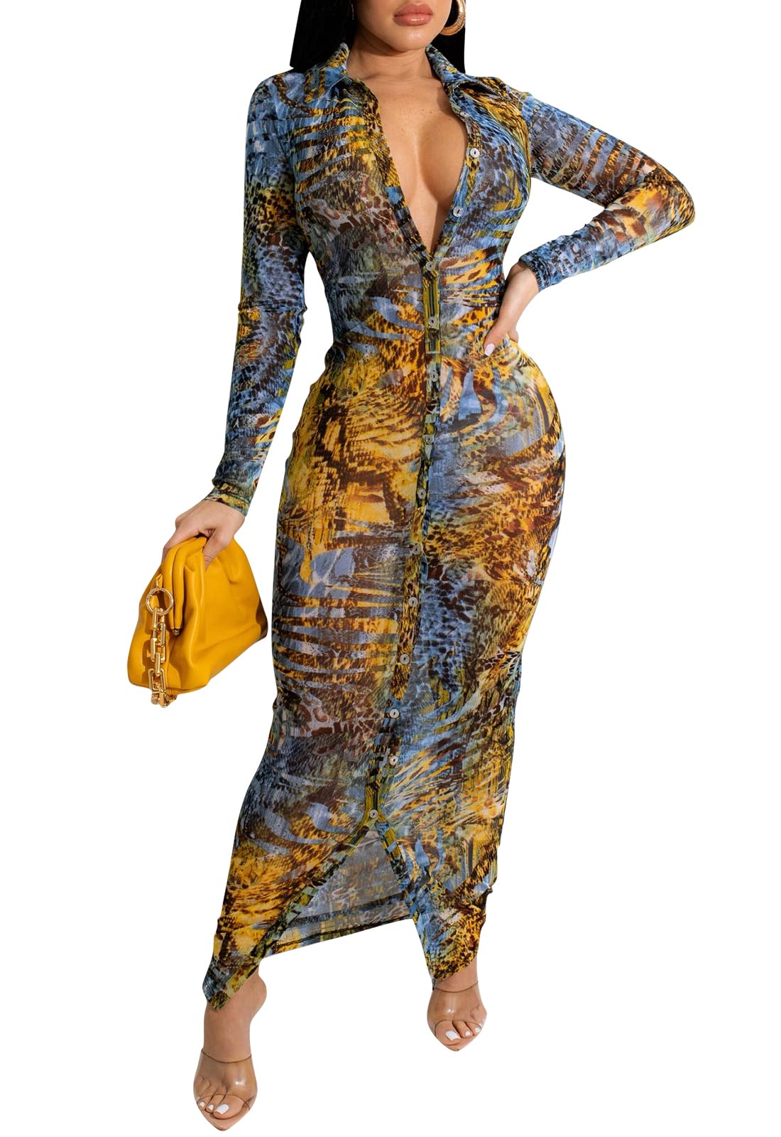 PuiLean Women's Sexy Summer Sheer Mesh Dresses Button Down Long Sleeve See Through Swimwear Maxi Dress