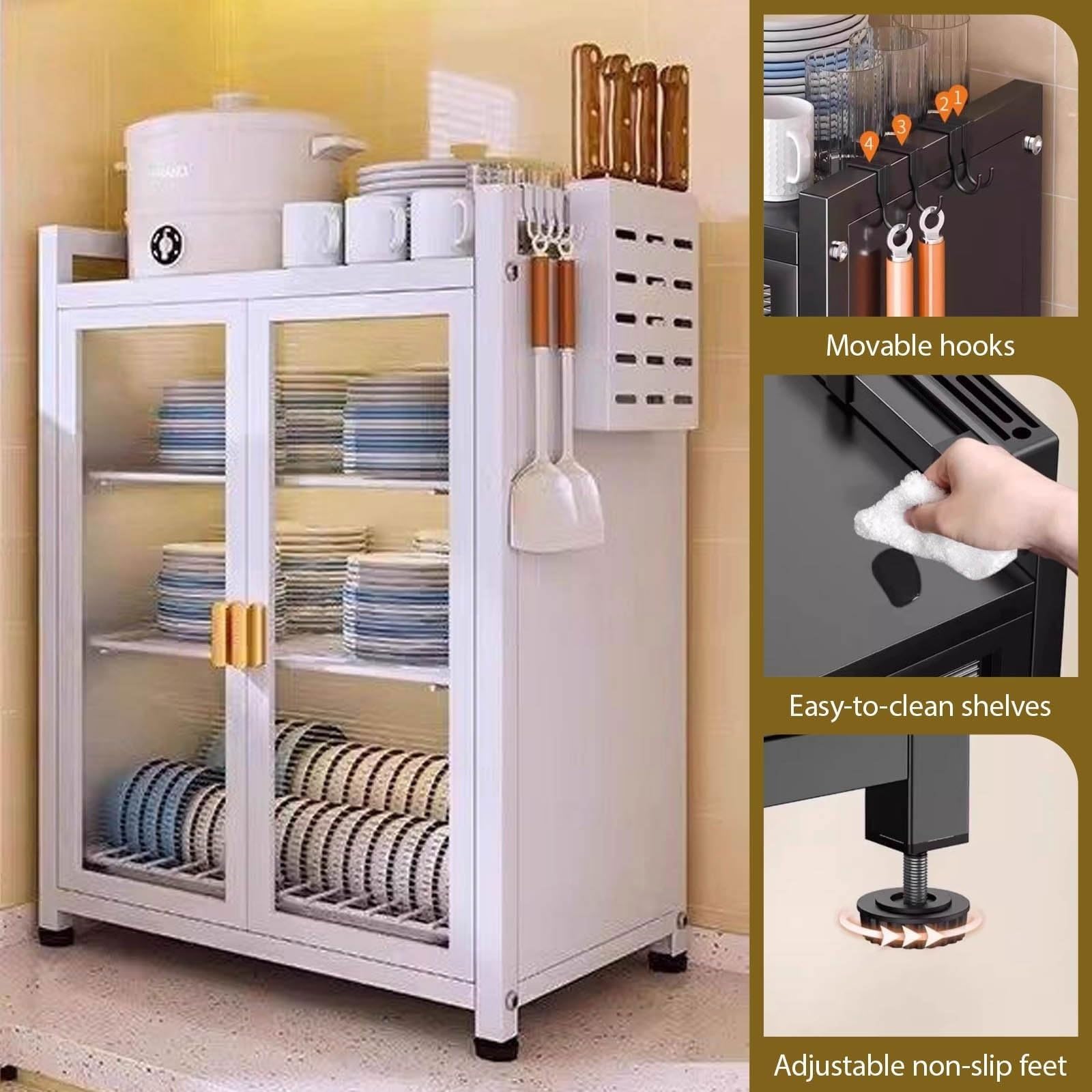 Armoire à Vaisselle de comptoir de Cuisine, égouttoir à Vaisselle de Restaurants, Armoire de Rangement multifonctionnelle Anti-poussière à Double Porte Transparente adaptée(White,2nd Floor)