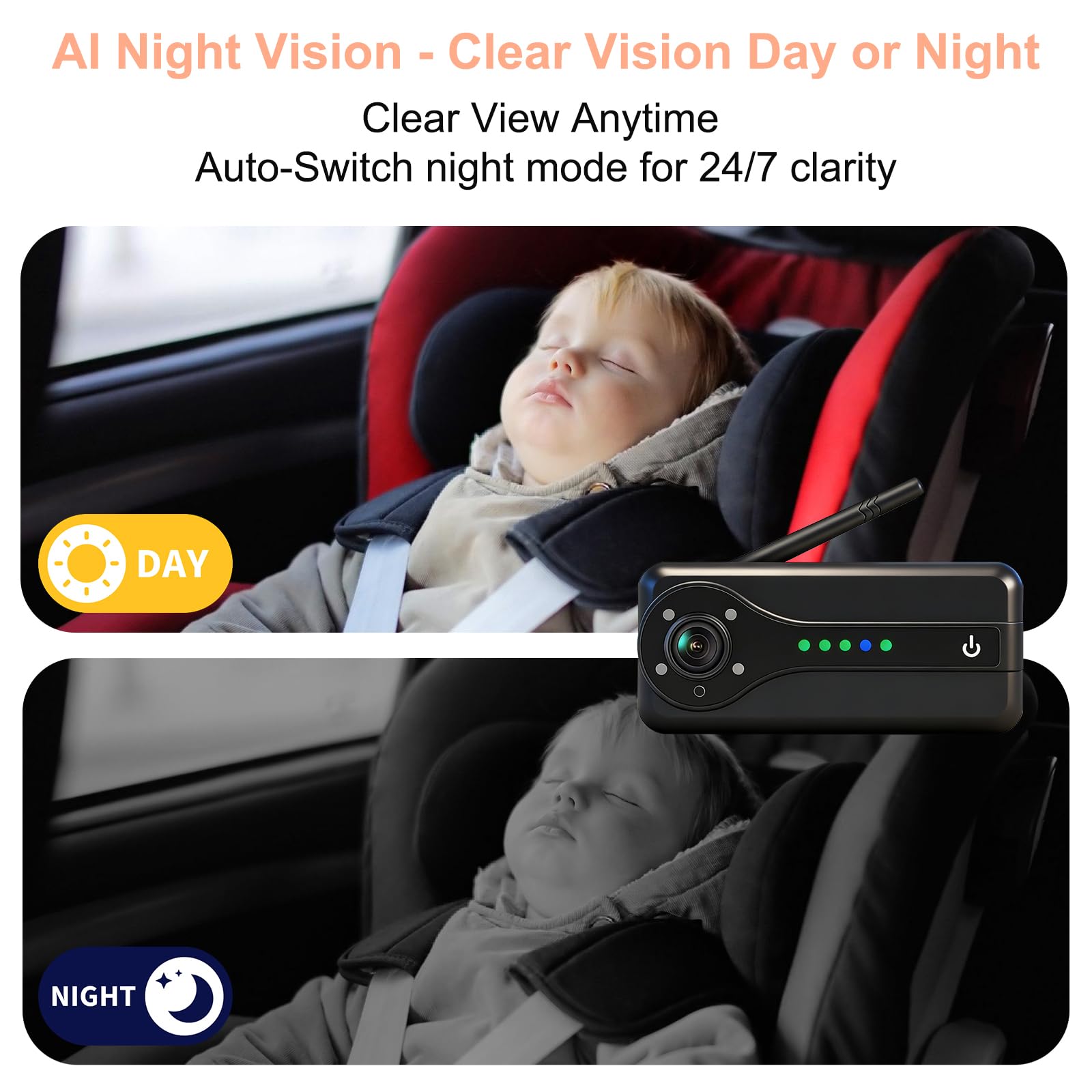 OBEST Espejo Coche Bebé Asiento Trasero Inalámbrica WiFi con Pantalla 4.3" | Retrovisor Cámara Bebe Coche Kit 1080P HD Visión Nocturna, 24H Espejo Camara Coche Bebe Ajustable 360, Plug and Play