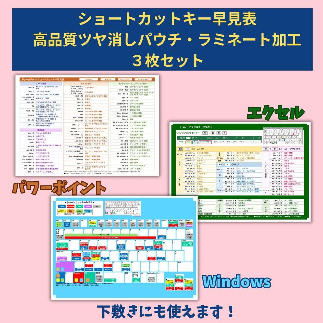 ショートカットキー早見表★３枚セット高品質ラミネート PPT Excel Win